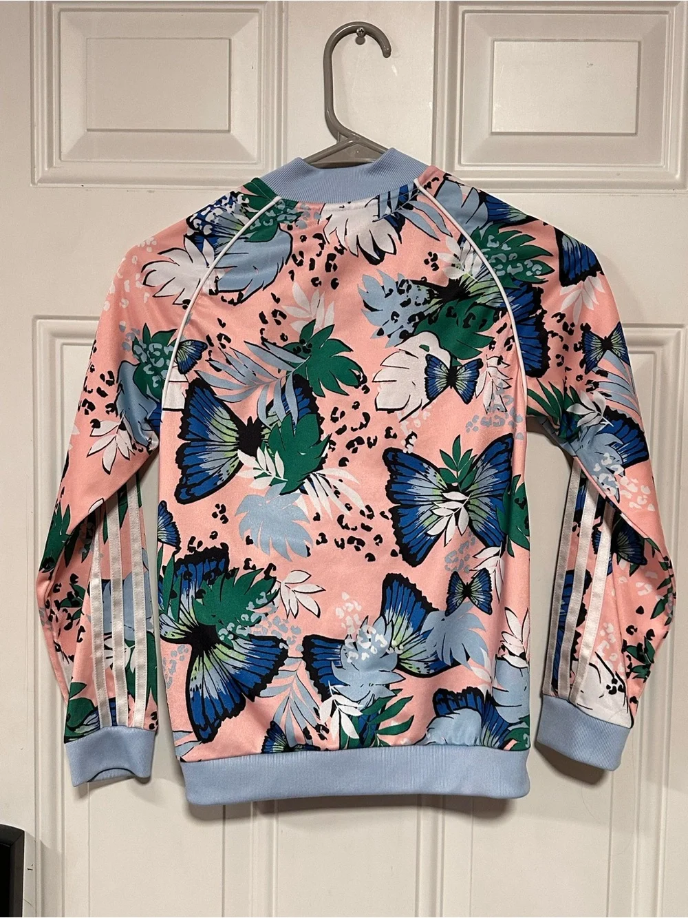 Adidas Pink Floral & Butterfly Track Jacket with Blue Trim